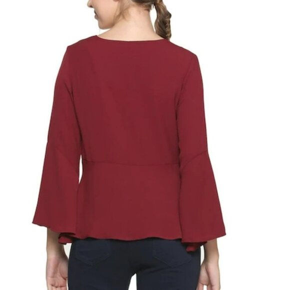 Allen Solly Burgundy Peplum flared sleeve v-neck blouse small - Picture 2 of 16